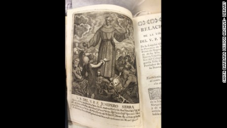 Here's another image of Junipero Serra from a first-edition book about the Spanish Franciscan friar entitled, "Relacion Historica de la Vida y Apostolica Tareas del Venerable Padre Fray Junipero Serra," by Father Francisco Palou. His book was first published in Mexico in 1787.