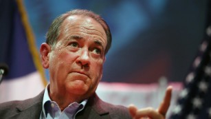 Former Arkansas Gov. Mike Huckabee speaks at the Point of Grace Church for the Iowa Faith &amp;amp; Freedom Coalition 2015 Spring Kick Off on April 25, 2015, in Waukee.  The Republican is expected to announce May 5 he is running for president.