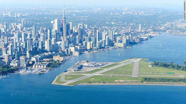 Commonly known as Toronto Island Airport, Billy Bishop Toronto City Airport is a small facility located on an island in Lake Ontario in Canada's largest city.  <br />At ground level it's only accessible by passenger ferry and is used by regional airliners, private aviation, small charter flights and medical emergency flights.