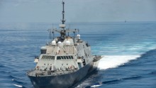 The USS Fort Worth (LCS 3) conducts patrols in international waters  of the South China Sea near the Spratly Islands as the Chinese guided-missile frigate Yancheng follows. The Fort Worth is a Freedom variant LCS. Ships of this variant are 387.6 feet in length with a beam of 57.7 feet and a displacement of 3,400 metric tons.