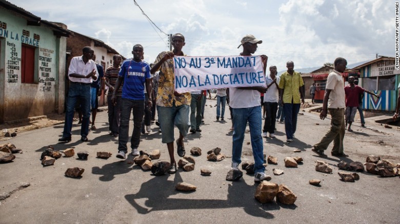 People demonstrate against Burundi President Pierre Nkurunziza&#39;s bid for a third term. 