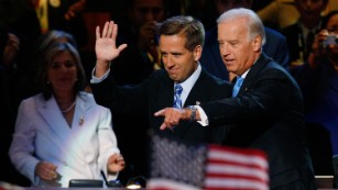 Vice presidential nominee Sen. Joe Biden walks with his son, Delaware Attorney General Beau Biden, at the Democratic National Convention at the Pepsi Center in Denver, Colorado on August 27, 2008.