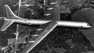 The Convair B-36 Peacemaker was a bomber used by the United States Air Force during the 1950s. Before 1955, it was used primarily for nuclear weapons delivery for the Strategic Air Command.
