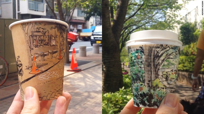 Tokyo-based illustrator Adrian Hogan&#39;s sketches of Japanese street scenes on the sides of disposal coffee cups have become an Internet sensation. His popularity surged when he began posting Instagram videos (see below) of his coffee art. They show him rotating an illustrated cup to match the view in the background.