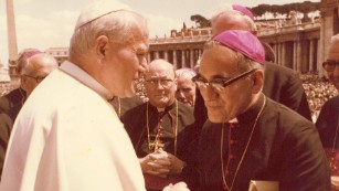 Archbishop Oscar Romero with Pope John Paul II in an undated photo