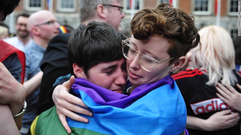 Irish Deputy Prime Minister (or Tanaiste) Joan Burton said the anticipated &quot;yes&quot; vote was Ireland&#39;s &quot;rainbow moment.&quot;  Above, savoring the moment in Dublin.