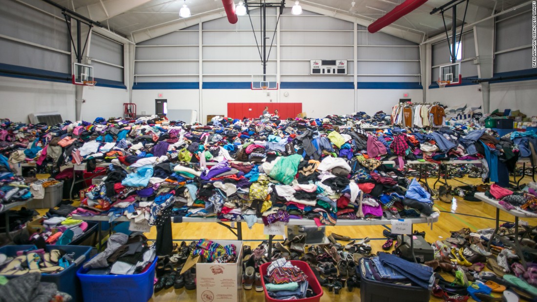 Clothes and other relief supplies are gathered at Wimberley High School on May 26.