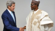 U.S. Secretary of State John Kerry shakes hands with Nigerian President Muhammadu Buhari on Wednesday, May 29, shortly after Buhari's inauguration in Abuja, Nigeria.