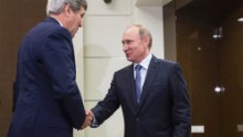 Kerry is welcomed by Russian President Vladimir Putin at the presidential residence of Bocharov Ruchey in Sochi, Russia, on Tuesday, May 12.