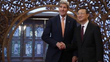 Kerry speaks with China's State Councilor Yang Jiechi at the Diaoyutai State Guest House on May 16 in Beijing. Kerry is urging China to halt increasingly assertive actions it is taking in the South China Sea.