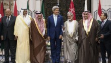Egyptian Foreign Minister Sameh Shoukry, from left, Kuwaiti Foreign Minister Sabah Al-Khalid al-Sabah, Saudi Foreign Minister Prince Saud al-Faisal, Kerry, Omani Foreign Minister Yussef bin Alawi bin Abdullah, Bahraini Foreign Minister Sheikh Khaled bin Ahmed al-Khalifa and Lebanese Foreign Minister Gebran Bassil stand together for a photo of the Gulf Cooperation Council and regional partners on September 11, 2014, in Jeddah, Saudi Arabia. Kerry and regional counterparts discused forming a coalition to support an American campaign against ISIS jihadists in Syria and Iraq.