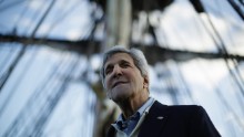 Kerry visits a replica of Captain Cook's ship Endeavour at the Australian National Maritime Museum in Sydney on August 11, 2014.