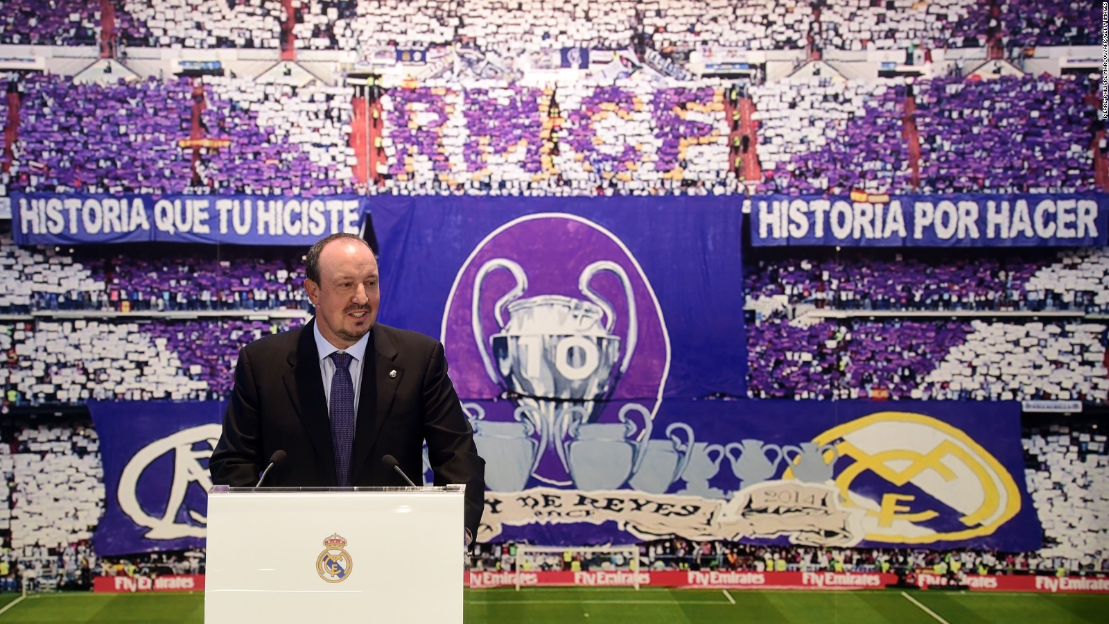The new head-coach of Real Madrid football team Rafael Benitez gives a press conference at the Santiago Bernabeu stadium in Madrid on June 3, 2015. The hiring of Rafael Benitez as Real Madrid boss today makes the Spaniard the 10th coach to serve under Florentino Perez during his two spells as the club's president between June 2000-February 2006 and since June 2009. AFP PHOTO / PIERRE-PHILIPPE MARCOU (Photo credit should read PIERRE-PHILIPPE MARCOU/AFP/Getty Images)