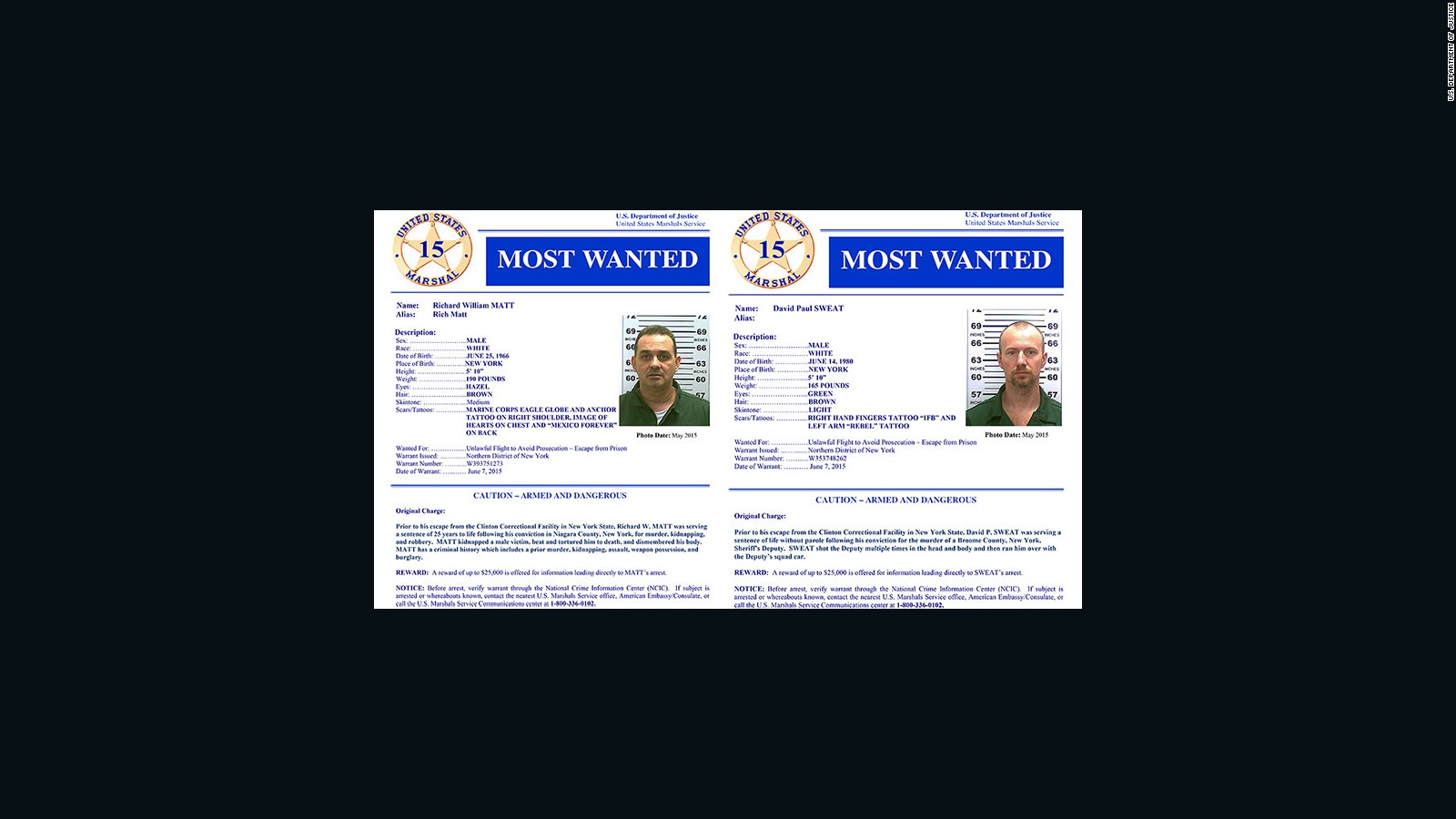 The U.S. Marshals Service has added Richard Matt and David Sweat to its list of the 15 most wanted criminals.