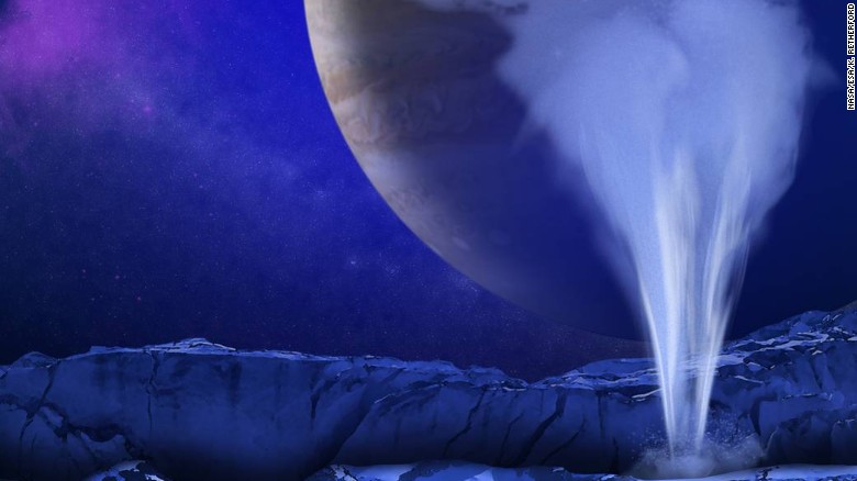 An artist&#39;s concept of a plume of water vapor jetting above the icy surface of Europa.