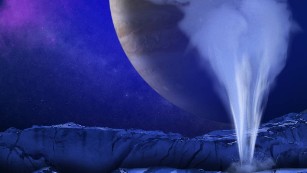 An artist's concept of a plume of water jetting above the icy surface of Europa, one of Jupiter's moons.