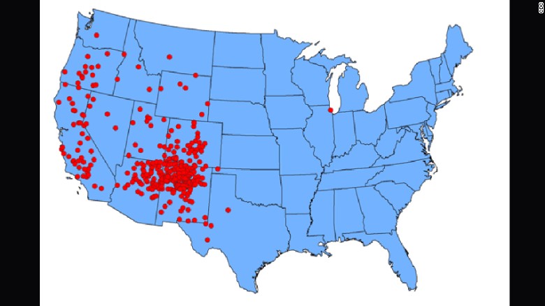 A map shows reported cases of human plague in the United States from 1970 to 2012. Nearly all cases occur in the western U.S., for reasons that are not entirely understood. Plague first came to the U.S. in 1900 via rats on steamships from Asia.