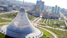 An aerial view of Astana and some of it's ambitious architectural structures.
