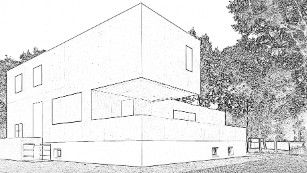 A sketch of the Gropius house, one of the seven Meisterhaeuser or Master Houses, of the Bauhaus. 