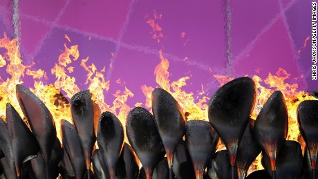 The Thomas Heatherwick designed Cauldron burns bright during the 2012 Paralympic Games in London. 