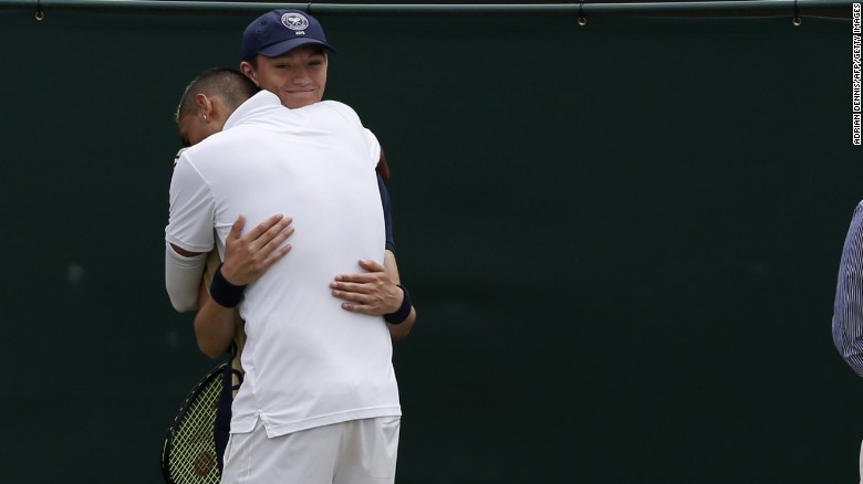 During his match with Gasquet, Kyrgios was hit with a code violation by the umpire for audibly swearing on court. He responded by seemingly throwing Gasquet's next service game, drawing boos from the crowd. Exasperated, Kyrgios sought comfort from the ball boy and embraced him as he offered the Australian his towel.