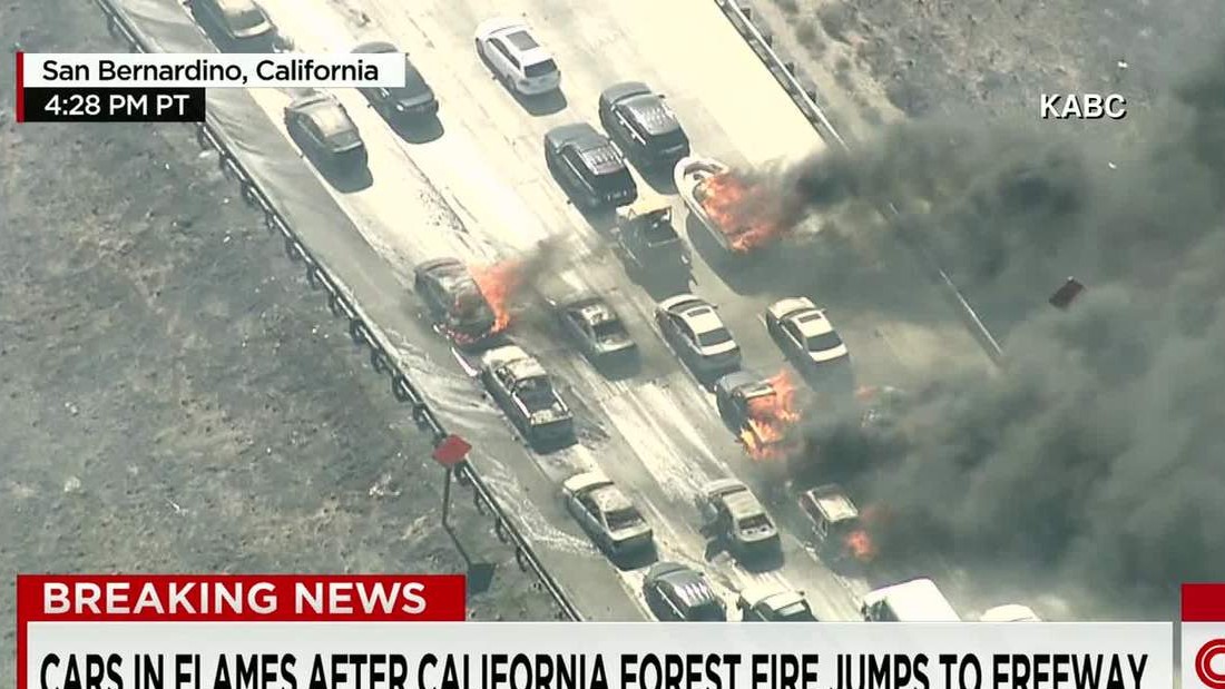 Cars Set Ablaze As Wildfire Jumps California Freeway