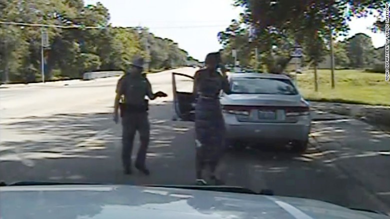 In this July 10, 2015, frame from dashcam video provided by the Texas Department of Public Safety, trooper Brian Encinia arrests Sandra Bland after she became combative during a routine traffic stop in Waller County, Texas.