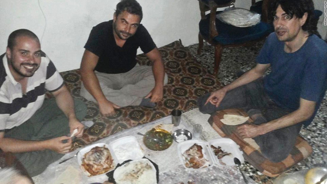 Spanish freelance journalists Antonio Pampliega, left, Angel Sastre, center, and Jose Manuel Lopez, shortly after their arrival in Syria for a reporting trip. 