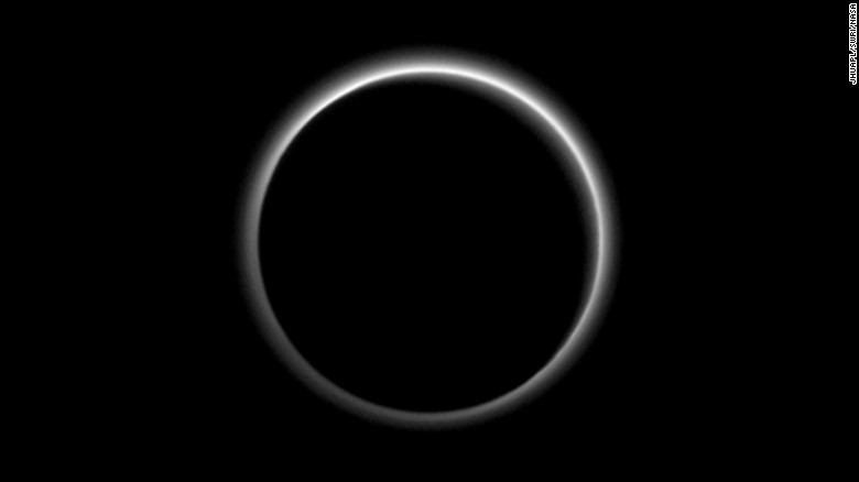 This new image of Pluto is stunning planetary scientists. It shows the small world&#39;s atmosphere, backlit by the sun. NASA says the image reveals layers of haze that are several times higher than predicted. The photo was taken by the New Horizons spacecraft seven hours after its closest approach to Pluto on Tuesday, July 14. New Horizons was about 1.25 million miles away from Pluto at the time.