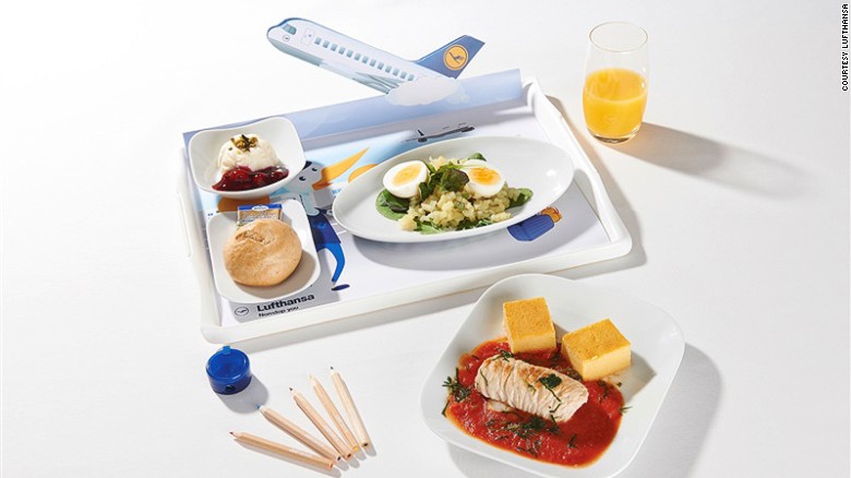 Chicken or fish? Bleh. Lufthansa&#39;s inflight menu may include Butterfly Dream (gnocchetti pasta salad with shrimp), Potato Sunset (wedges with tomato sauce) or Flying Dumplings (white bread and cheese dumplings on mushroom ragout).