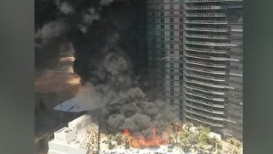 Pool deck fire at Las Vegas hotel caught on camera