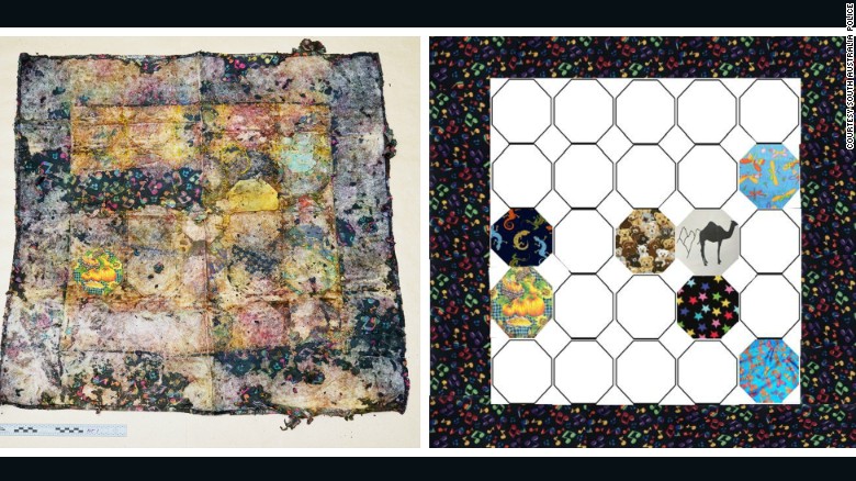 The 90cm by 90cm quilt found with the child&#39;s body, with seven patches digitally enhanced on right.