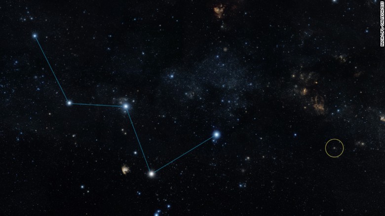 The circled area indicates where the star system containing planet HD 219134 is located. The star is just off the &quot;W&quot; shape of the constellation Cassiopeia. It can be seen with the naked eye in dark skies. 