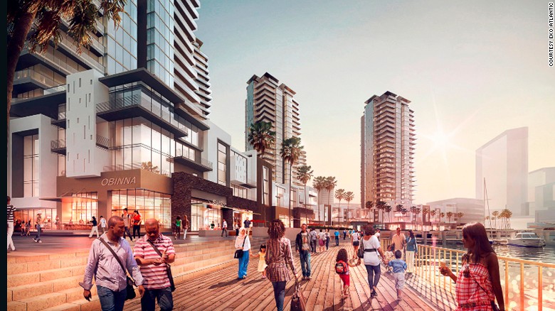 An artist's impression of the esplanade at Eko Atlantic's marina. There will be moorings for private boats and an 18m promenade with opportunities for leisure, residential and retail. 