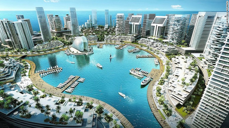 A designer&#39;s view of Eko Atlantic&#39;s central marina. The new city will be home to quarter of a million people and employ a further 150,000 commuters. 