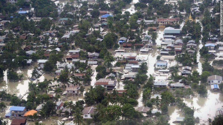 An aerial view shows flooding throughout the town of Kalay, Myanmar&#39;s Sagaing region, on August 3. Heavy monsoon rains in the past month have left at least 47 dead with more than 200,000 displaced. 