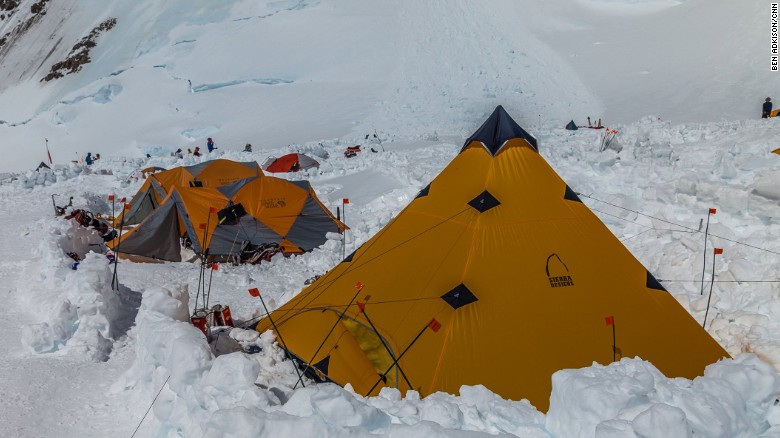 While only halfway up to the peak, from base camp, the established camp at 14,200 feet is thought of as the advanced base camp and launching point for high camp and the summit. Elaborate camps are set up with snow walls and kitchen tents dug into the snow. 