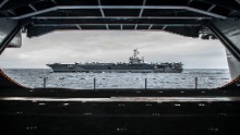 The Nimitz-class aircraft carrier USS George Washington (CVN 73) is seen from inside its sister ship, the USS Ronald Reagan (CVN 76), on August 7 off the coast of California as the two ships prepare for<a href="http://www.cnn.com/2015/03/04/us/us-navy-three-presidents/"> a "hull swap."</a> Over 10 days in San Diego, much of the crew of each ship will transfer to the other. When completed, the Reagan will head to forward deployment in Japan, where the Washington had been. The Washington will head to Newport News, Virginia, for an overhaul.