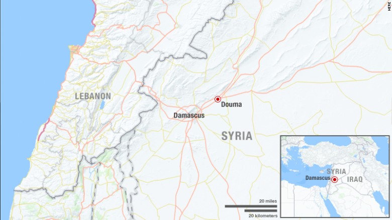 Airstrikes from Syrian government forces hit the rebel-held town of Douma on Sunday.