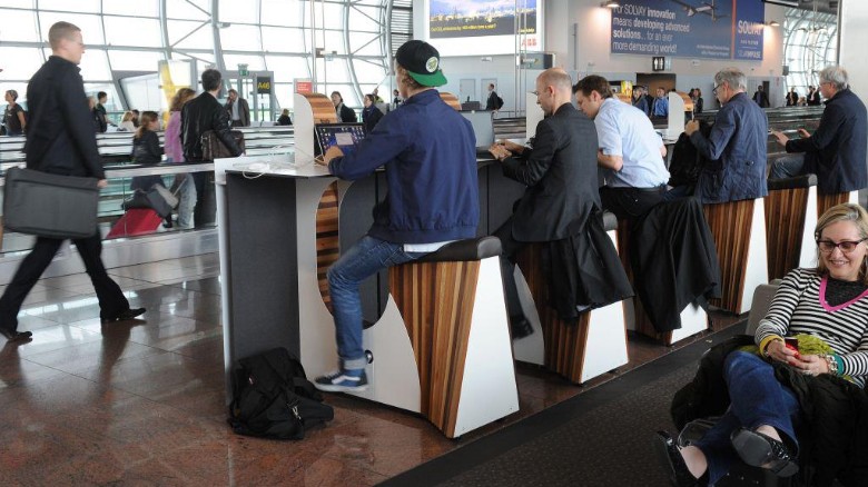 More airports are also encouraging passengers to exercise in order to boost their serotonin levels. At Brussels Airport (pictured) and Amsterdam&#39;s Schiphol, travelers can charge their mobile devices by riding stationary bikes. 