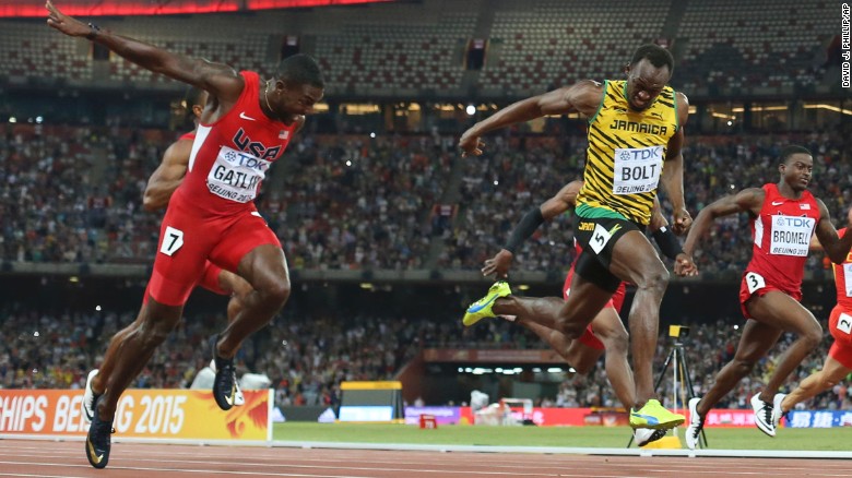 Usain Bolt crosses the finish line to win 100m gold at the 2015 World Athletics Championships.