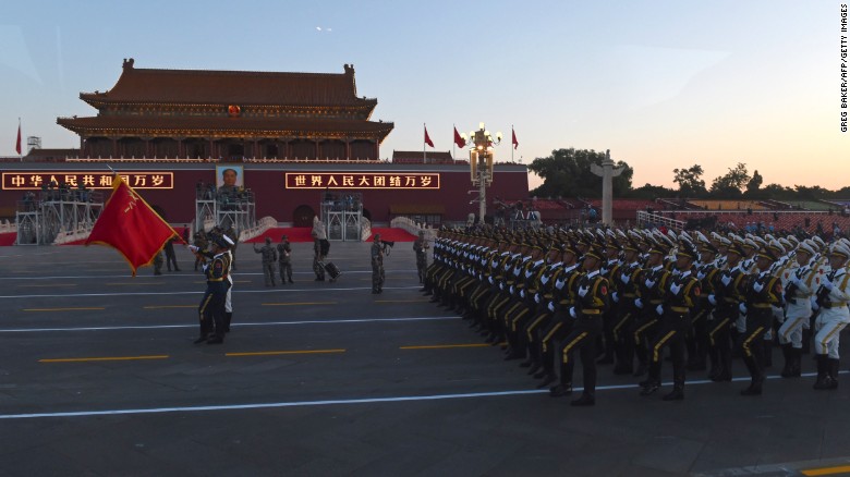 Chinese soldiers conduct last-minute drills ahead of the military parade in Beijing&#39;s Tiananmen Square on September 3.