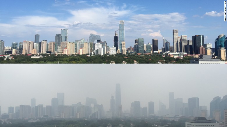 This photo shows two images of the view from CNN&#39;s Beijing Bureau, one of a blue sky day from a week before the military parade and one of a hazy sky the day after the parade.