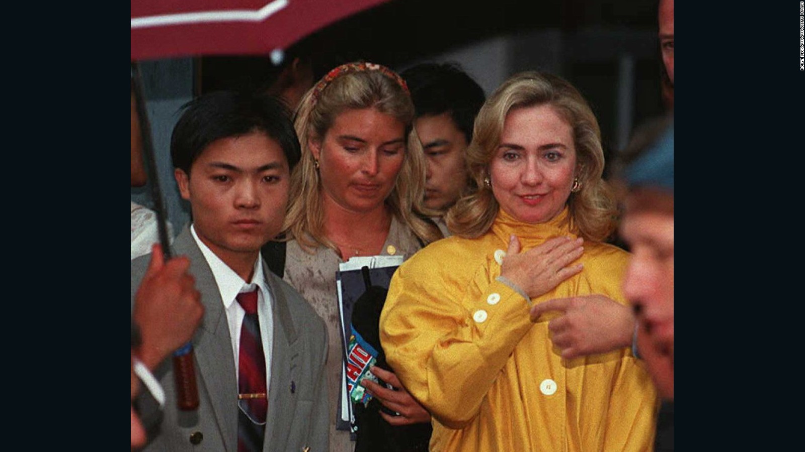 U.S. First Lady Hillary Clinton arrives at the site of the Women's NGO Forum to deliver a speech on September 6, 1995 in Huairou, China.