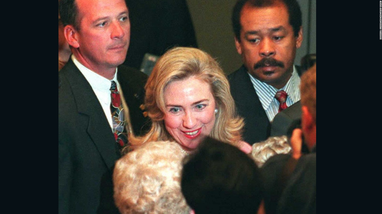 U.S. First Lady Hillary Clinton talks with delegates at the Fourth World Conference on Women after her speech on September 5, 2995 at the Beijing International Convention Center.