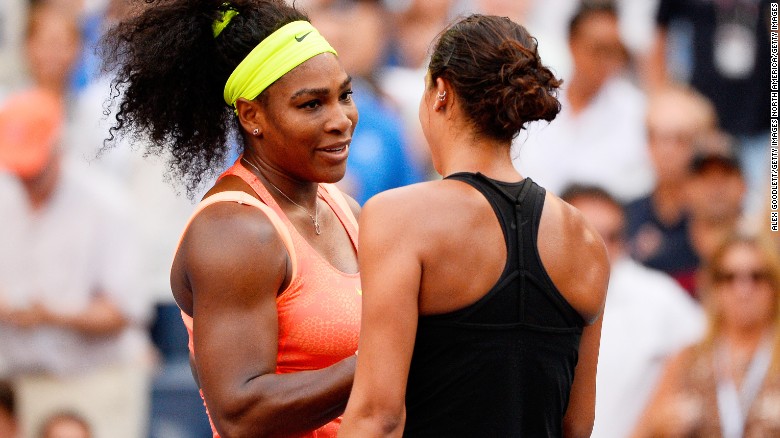 Serena Williams shakes hands with Madison Keys after winning the all-American clash on Arthur Ashe.