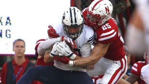 Sept. 5, 2015 - Lincoln, NEBRASKA, USA - Brigham Young Cougars wide receiver Mitch Mathews (10) makes the game winning touchdown catch with :01 left on the clock as Nebraska Cornhuskers safety Nate Gerry (25) tries to defend at Memorial Stadium Stadium at the University of Nebraska. BYU beat host Nebraska 33-28. (Cal Sport Media via AP Images)