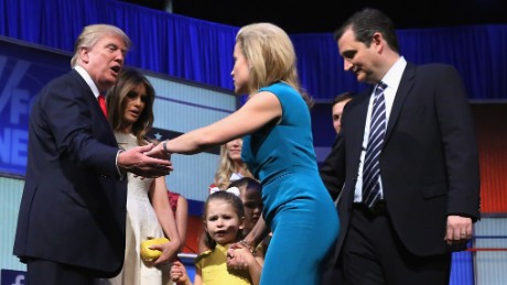 CLEVELAND, OH - AUGUST 06:  Republican presidential candidate Donald Trump (L) and his wife Melania Trump (2nd L) greet Sen. Ted Cruz (R-TX) (R) and his wife Heidi Nelson Cruz (C) and their children on the stage after the first prime-time presidential debate hosted by FOX News and Facebook at the Quicken Loans Arena August 6, 2015 in Cleveland, Ohio. The top-ten GOP candidates were selected to participate in the debate based on their rank in an average of the five most recent national political polls.  (Photo by Chip Somodevilla/Getty Images)