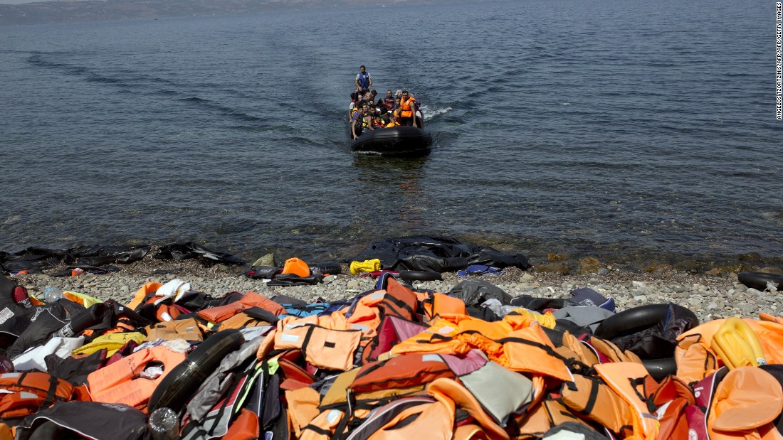 Discarded life jackets line the rocky shores of Lesbos, Greece on September 10, 2015. 