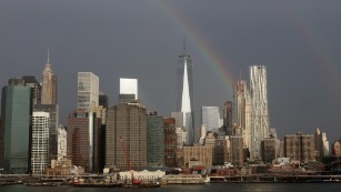 A rainbow appears over New York&#39;s One World Trade Center on Thursday. 